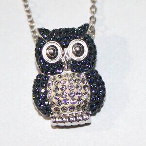 Sterling Silver Blue & White Crystal Owl Necklace